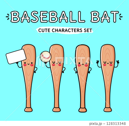 Baseball Bat mascots expressing varied emotions while gripping blank sign and baseball, ideal for sports graphic design projects 128313348