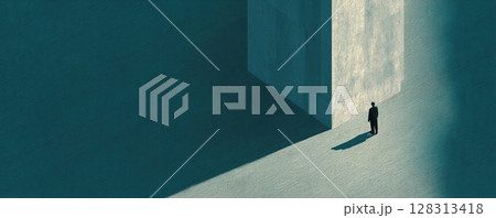 A solitary figure stands before a large wall, evoking a sense of contemplation. 128313418