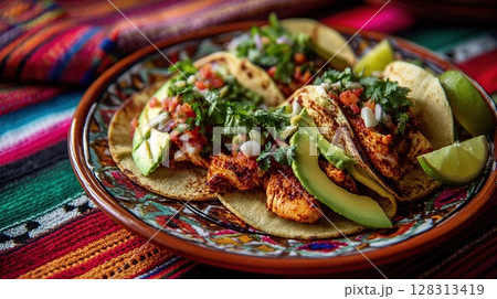 Delicious tacos with fresh toppings, beautifully presented on a decorative plate with a colorful backdrop. 128313419
