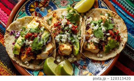 Close-up of three flavorful chicken tacos with fresh ingredients. 128313420