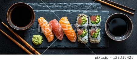 Exquisite sushi platter with salmon, tuna, soy sauce and chopsticks, ready to be enjoyed. Exquisite sushi platter with salmon, tuna, soy sauce and chopsticks, ready to be enjoyed. 128313429