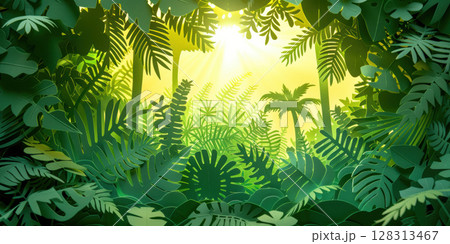 Beautiful papercut of lush greenery frame with ferns and  palm of tropical plant in wild forest and sunlight 128313467