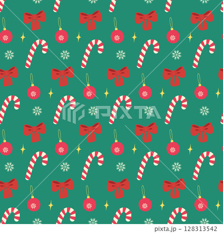 Christmas Festive Decorations Candy Cane Ribbon bow Ball and Snowflake Seamless Pattern Holiday Fond 128313542