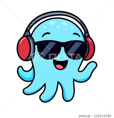 Cool cartoon octopus in sunglasses and headphones listening to music. A fun, happy character ideal as a gaming mascot, t-shirt print, or DJ party poster. Vector illustration isolated on white. 128313580