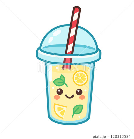Cute kawaii lemonade in a plastic to-go cup. A happy character with lemon slices and mint leaves. Vector illustration of a refreshing summer citrus drink, isolated on a white background. 128313584