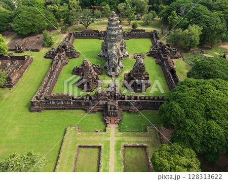 Drone shot the aerial view of Phimai Historical Park. the ancient stone temple Nakhon Ratchasima, Thailand 128313622