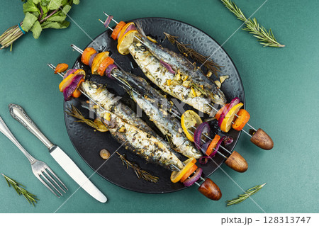 BBQ Fish Skewers. 128313747