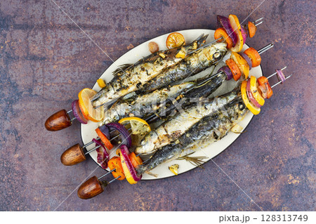 seafood shashlik, seafood skewers. 128313749