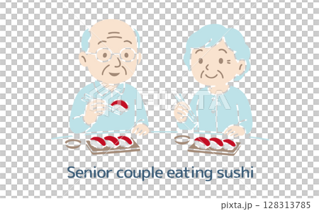 お寿司を食べるシニアカップル（主線なし） 128313785