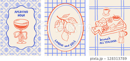 Mediterranean italian summer illustrations, lemons, cocktails, sardines, cherry tomatoes, lobster on Mediterranean italian summer illustrations, lemons, cocktails, sardines, cherry tomatoes, lobster on 128313789
