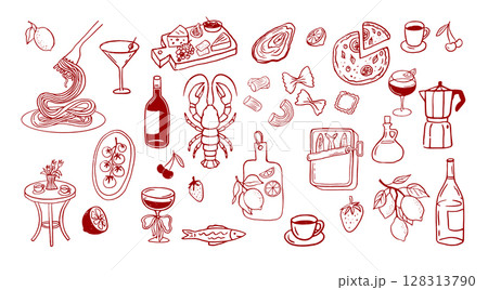 Italy, food and drinks set of illustration. Hand drawn sketch inked whimsical vector design. Wine Italy, food and drinks set of illustration. Hand drawn sketch inked whimsical vector design. Wine 128313790