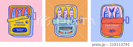 Sea food, fish, canned sardines fish, anchovy colorful vector illustrations for t shirt print Sea food, fish, canned sardines fish, anchovy colorful vector illustrations for t shirt print 128313791