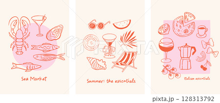 Italian food, summer, seafood, pasta and pizza illustrations. Posters, cards, party invitations, t 128313792