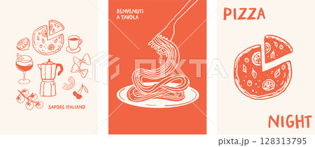 Italian food, pizza, pasta, spaghetti, wine, tomatoes and espresso illustrations. Posters, cards Italian food, pizza, pasta, spaghetti, wine, tomatoes and espresso illustrations. Posters, cards 128313795