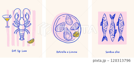 Mediterranean italian seafood, fish, sardines, lobster illustrations 128313796