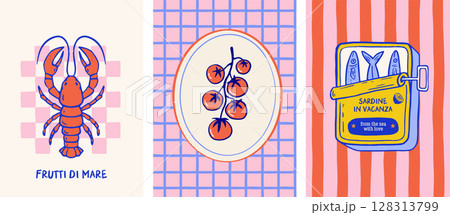 Mediterranean, Italian style poster design. Lobster, sardines, lemons and seafood images. Retro 128313799