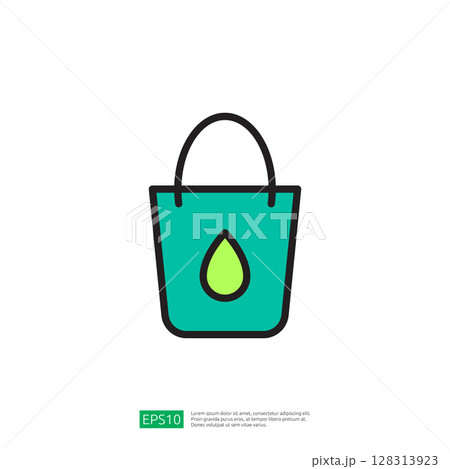 Colorful Green Farming Icon Featuring a Bucket with a Water Drop Symbolizing Agriculture and Sustainable Gardening Practices 128313923