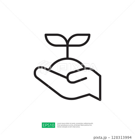 Hand Holding Young Seedling with Two Leaves Symbolizing Growth and Nurturing in Sustainable Farming Icon 128313994