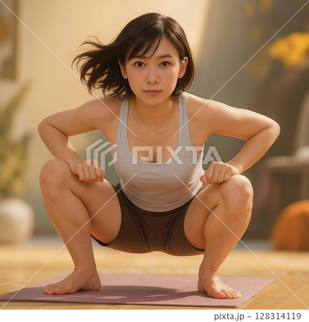 スクワット姿勢で集中する女性の真剣な表情。 128314119