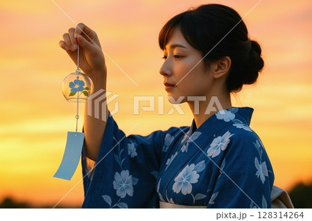涼やかな日本の夏の風物詩　浴衣と風鈴 128314264