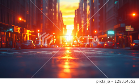 Sunset illuminating urban street with golden light reflecting on wet asphalt, creating dramatic cityscape with glowing bokeh effects and warm atmosphere 128314352