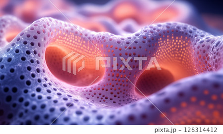 Microscopic cellular structure visualization in pink and purple tones showing biological membrane with porous surface, abstract scientific background 128314412