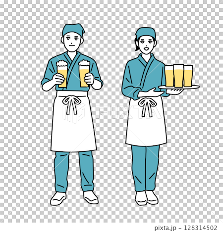 Male and female bar staff working 128314502