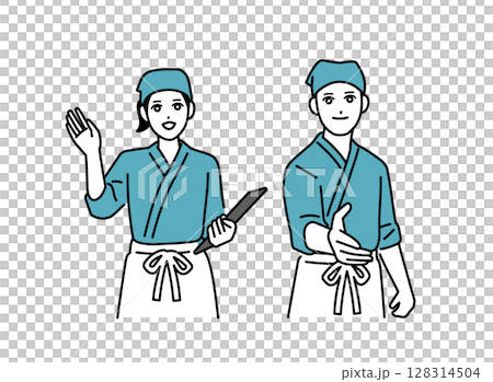 Male and female bar staff working Male and female bar staff working 128314504