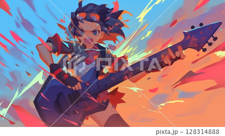 ギターを持って楽しそうにする女の子 128314888