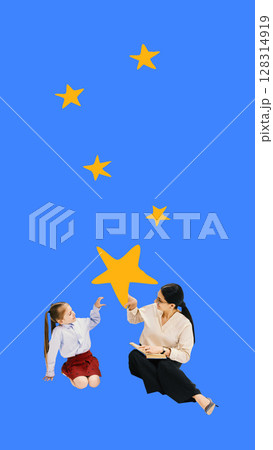 Collage with teacher and student reaching yellow star on blue background 128314919