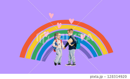 Mixed media collage of boy and girl holding hands under rainbow Mixed media collage of boy and girl holding hands under rainbow 128314920