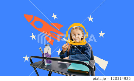 Mixed media collage. Schoolgirl in astronaut helmet with rocket and stars Mixed media collage. Schoolgirl in astronaut helmet with rocket and stars 128314926