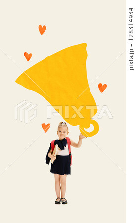 Collage with happy schoolgirl holding big yellow paper bell with hearts around Collage with happy schoolgirl holding big yellow paper bell with hearts around 128314934
