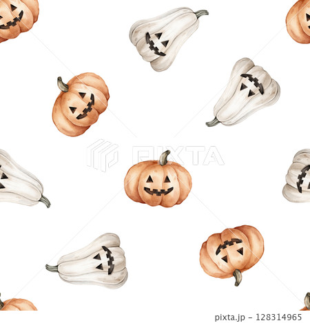 Seamless pattern for Halloween with cute pumpkins with face on an isolated background. Hand drawn watercolor illustration for kids. Perfect for decorations, cards, and crafts. Seamless pattern for Halloween with cute pumpkins with face on an isolated background. Hand drawn watercolor illustration for kids. Perfect for decorations, cards, and crafts. 128314965