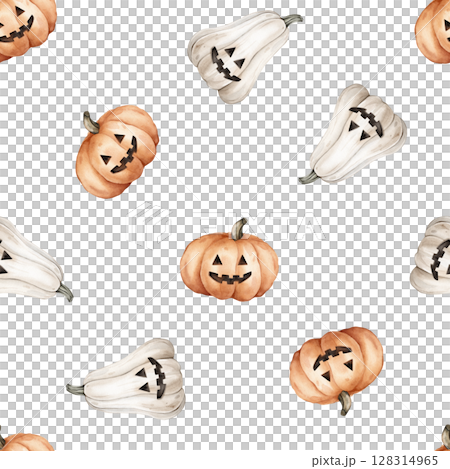 Seamless pattern for Halloween with cute pumpkins with face on an isolated background. Hand drawn watercolor illustration for kids. Perfect for decorations, cards, and crafts. 128314965