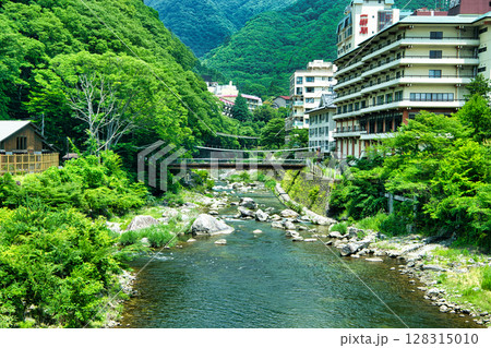 栃木県日光市　夏の季節を迎える川治温泉の風景 128315010