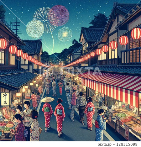 夏祭りと花火、夜の出店の風景 128315099