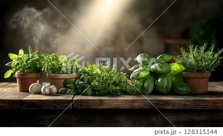 Fresh herbs and garlic on rustic wooden table 128315144