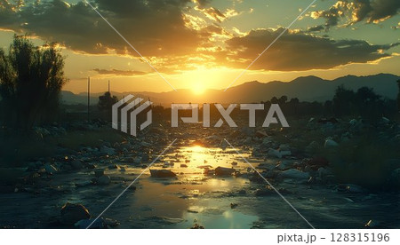 Plastic pollution landscape at sunset environmental concerns 128315196