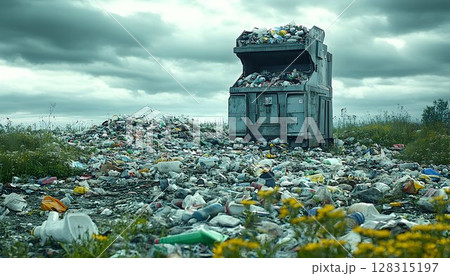 Metal waste container overflowing with garbage in a polluted field Metal waste container overflowing with garbage in a polluted field 128315197