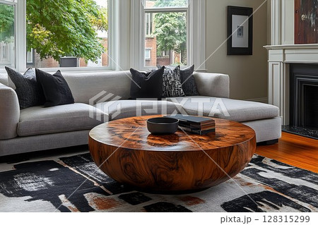 Round wooden coffee table in modern living room interior 128315299