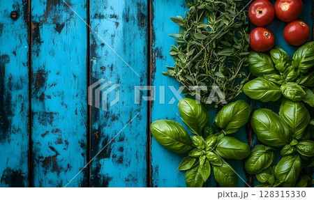 Fresh herbs and tomatoes on rustic blue wood background 128315330