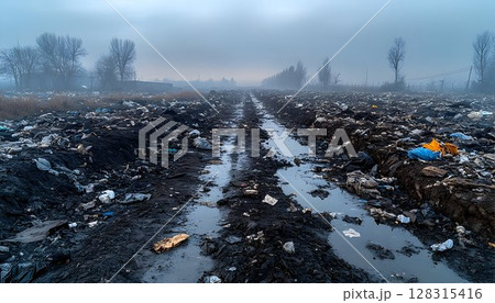 Polluted field environmental waste and damage landscape photography Polluted field environmental waste and damage landscape photography 128315416