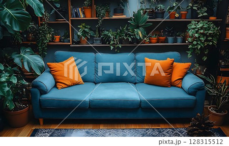 Teal sofa with orange pillows in a plant filled room 128315512