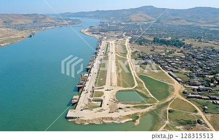 Aerial view harbor waterway urban development cityscape Aerial view harbor waterway urban development cityscape 128315513