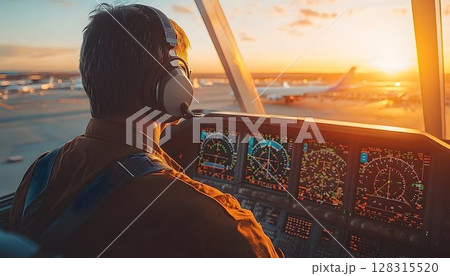 Pilot sunset flight cockpit view aviation travel transportation 128315520
