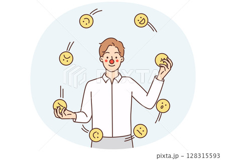 Man with clown face juggles emoticons with emotions symbolizing attempt to hide own emotions 128315593