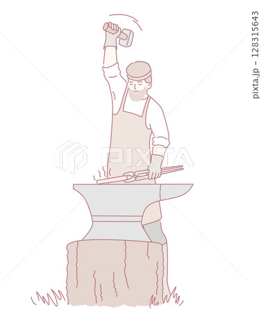 A skilled blacksmith is vigorously hammering metal on an anvil during a creative process 128315643