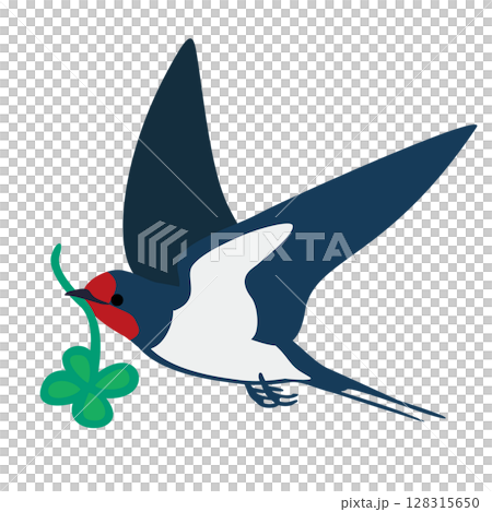 四つ葉のクローバーをくわえて飛ぶツバメのベクターイラスト 四つ葉のクローバーをくわえて飛ぶツバメのベクターイラスト 128315650