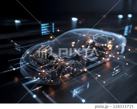 EV自動車の主要パーツと配線のワイヤーフレームのスケルトンCG画像 EV自動車の主要パーツと配線のワイヤーフレームのスケルトンCG画像 128315715